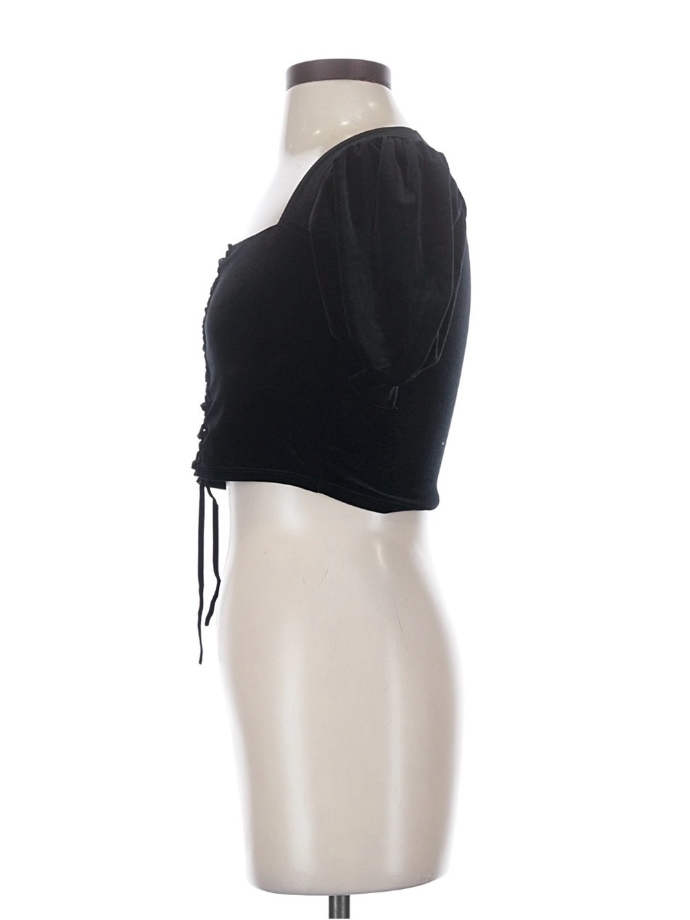 BlackMilk Black Velvet Lace-Up Puff Sleeve Crop Top XS - Picture 4 of 7